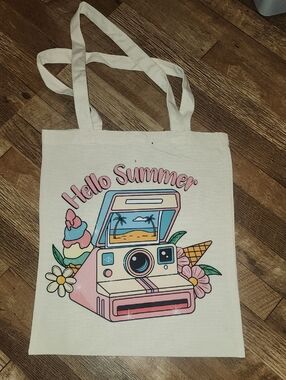 Hello Summer Graphic Canvas Tote - Pastel Pink & Cream. 13x15